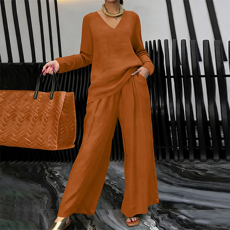 Chic Solid Color Two-Piece Outfit, V-Neck Blouse & High Waist Wide Pants