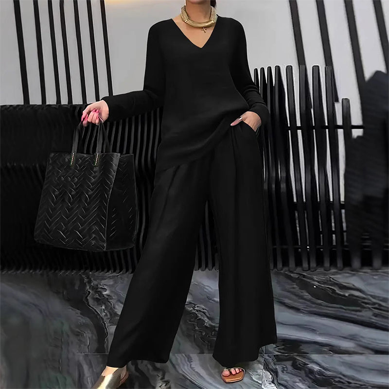 Chic Solid Color Two-Piece Outfit, V-Neck Blouse & High Waist Wide Pants