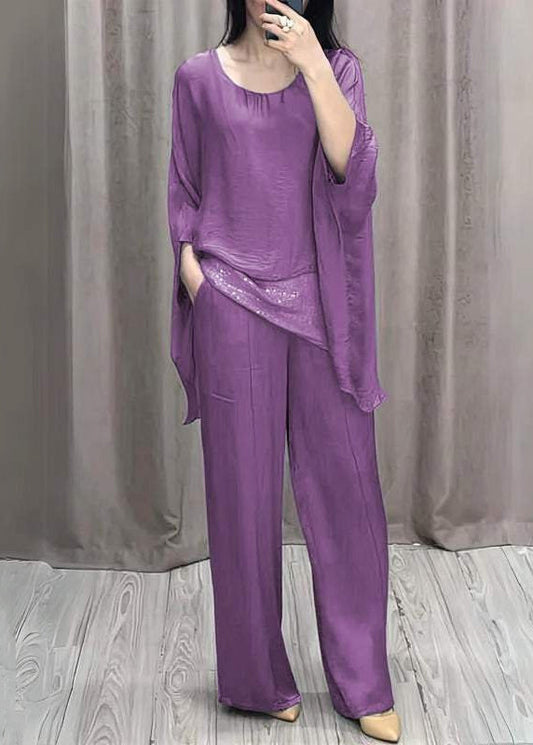 Loose O Neck Solid Tops And Pants Cotton Two Pieces Set Batwing Sleeve