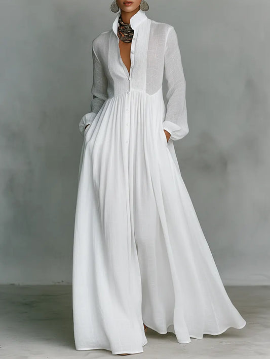 Patchwork Maxi Dress with Stand Collar and Long Sleeves