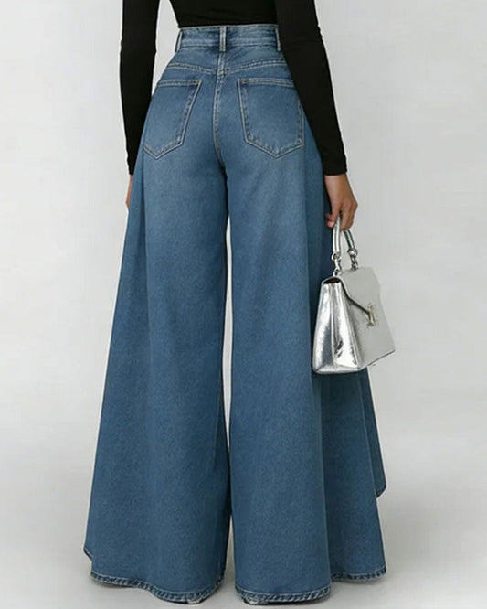 High Waist Pleated Split Flared Denim Palazzo Pants