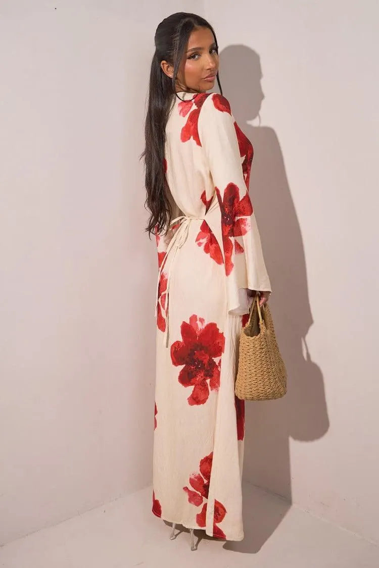 Floral Bell Sleeve Maxi Dress for Resort Wear, Beach Vacation & Casual Daily Outfits