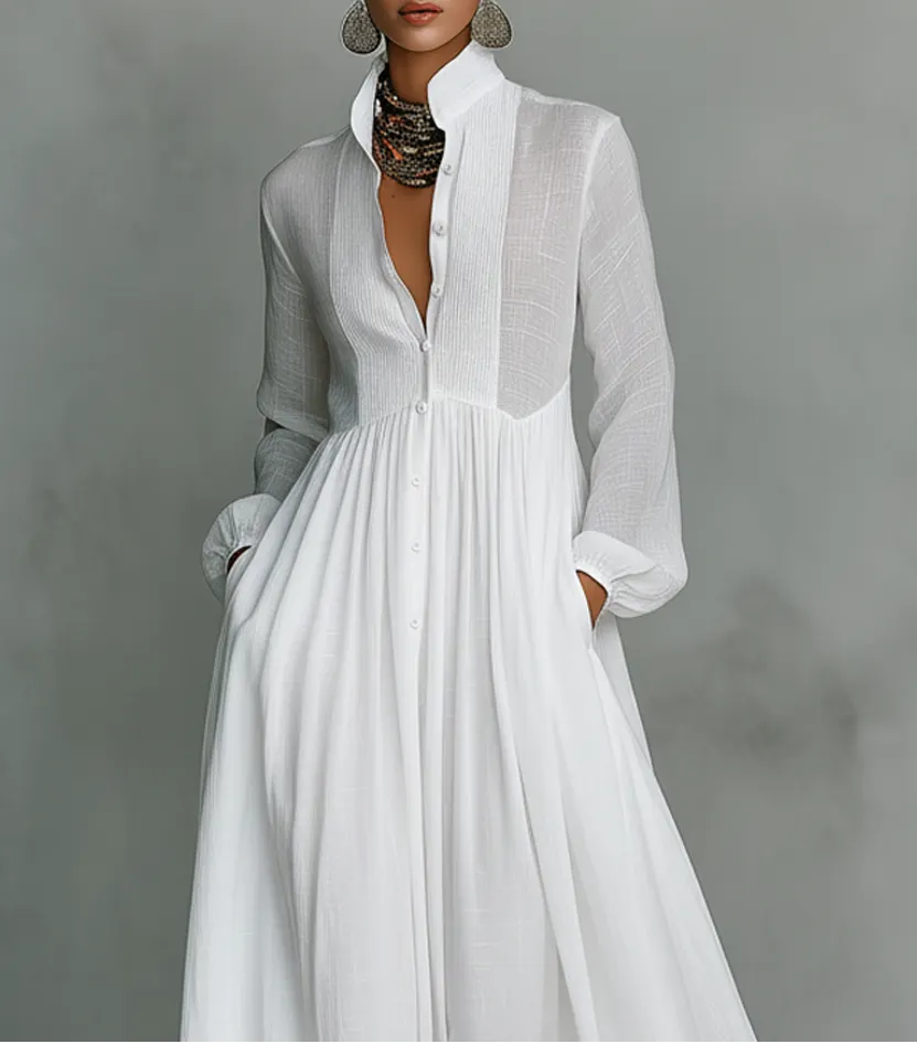 Patchwork Maxi Dress with Stand Collar and Long Sleeves