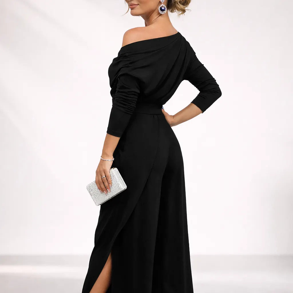One Shoulder 3/4 Sleeve Wide Leg Split Jumpsuit