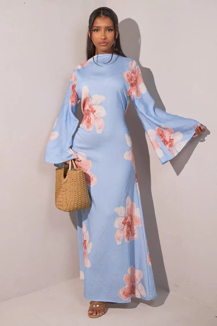 Floral Bell Sleeve Maxi Dress for Resort Wear, Beach Vacation & Casual Daily Outfits
