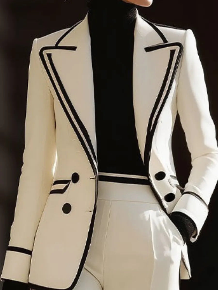 Contrast Trim Double‑Breasted Blazer Suit, Wide‑Leg Pants Two‑Piece Set