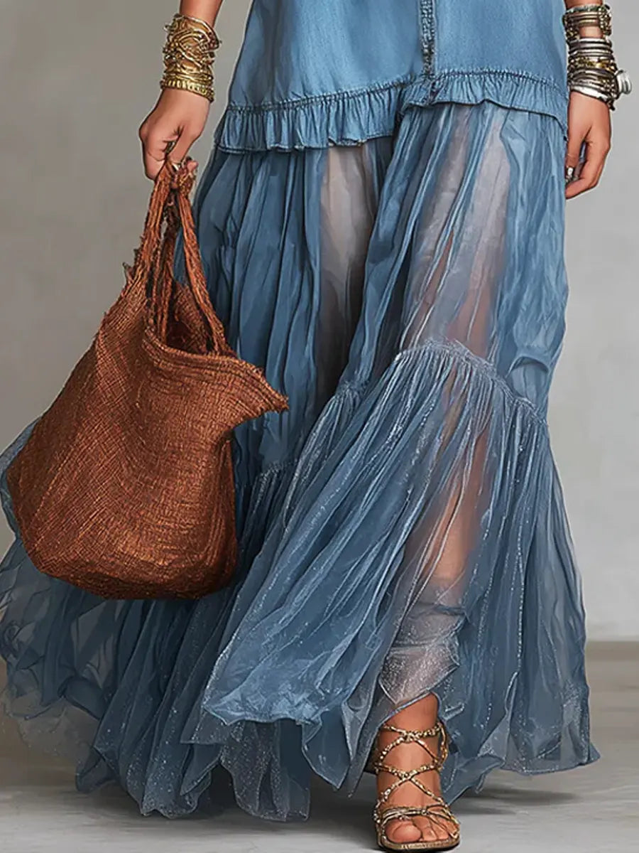 Denim Shirt & Tiered Mesh Maxi Skirt Set