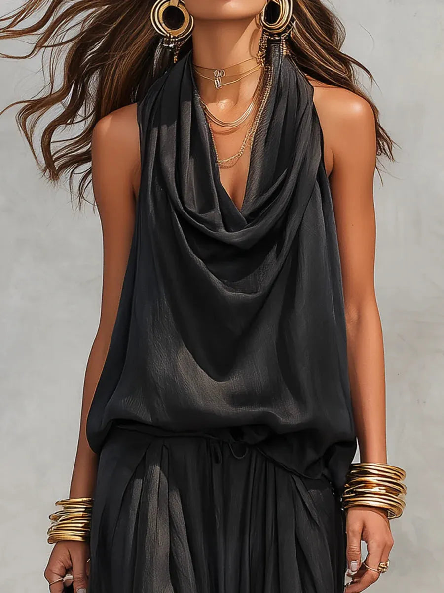 Effortless 2-Piece Set with Cowl Neck Sleeveless Top and Harem Pants