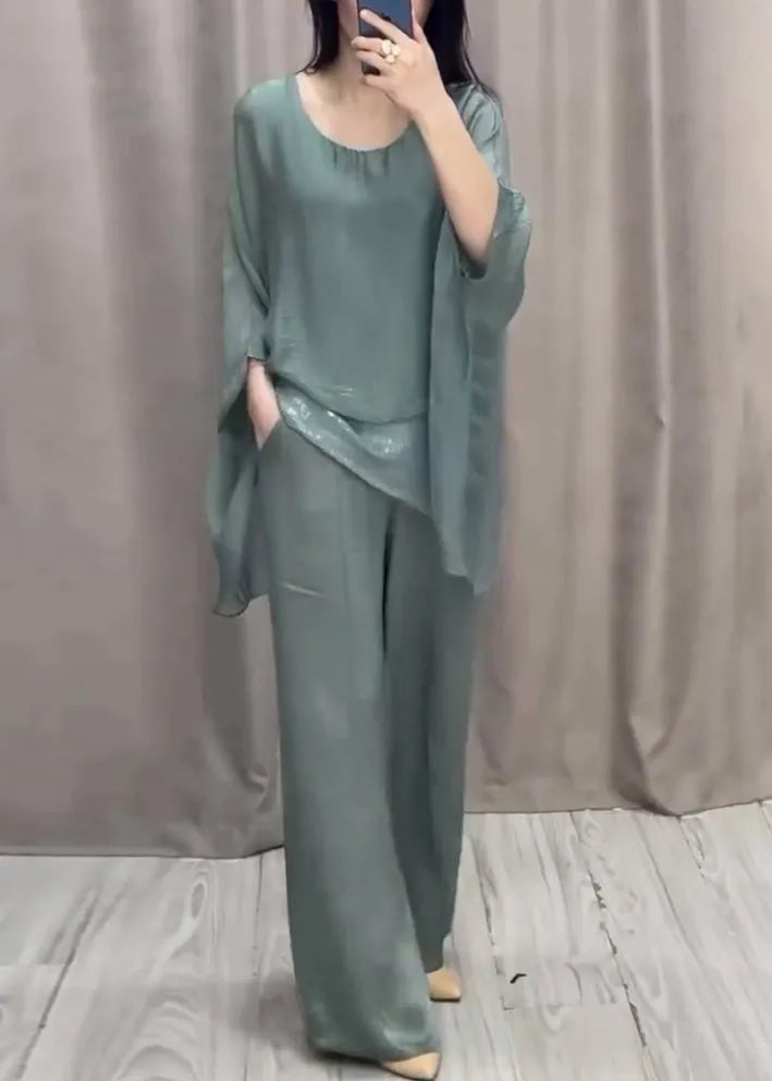 Loose O Neck Solid Tops And Pants Cotton Two Pieces Set Batwing Sleeve