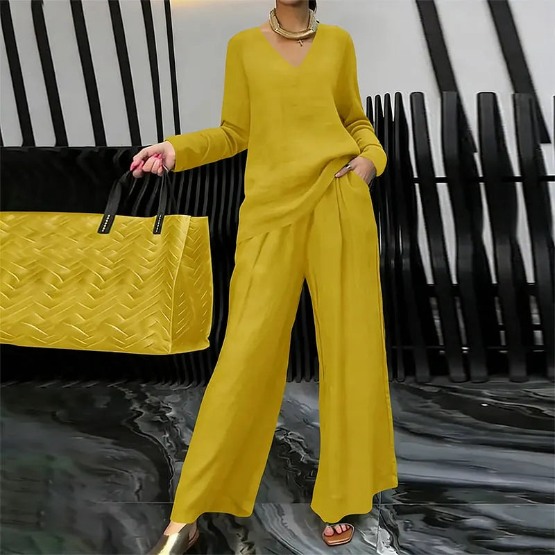 Chic Solid Color Two-Piece Outfit, V-Neck Blouse & High Waist Wide Pants