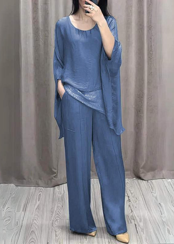 Loose O Neck Solid Tops And Pants Cotton Two Pieces Set Batwing Sleeve