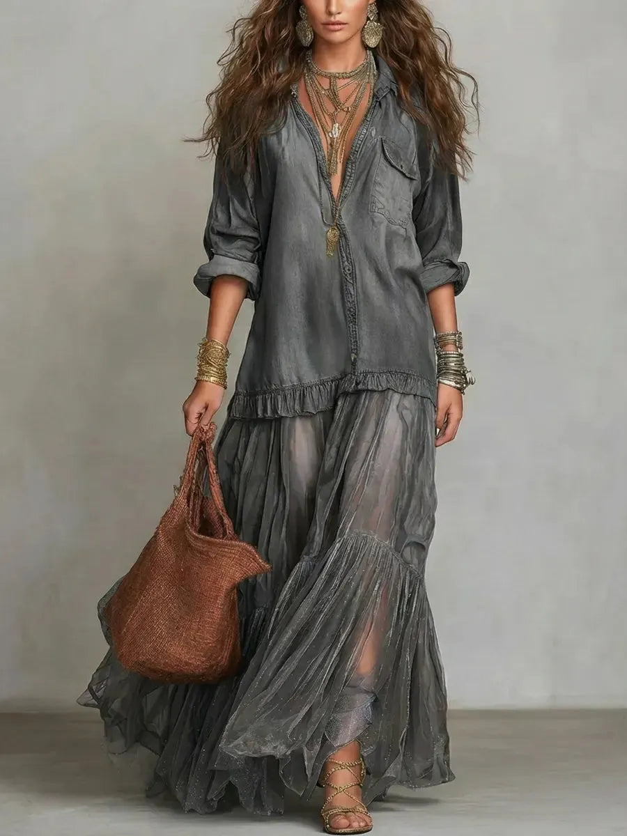 Denim Shirt & Tiered Mesh Maxi Skirt Set