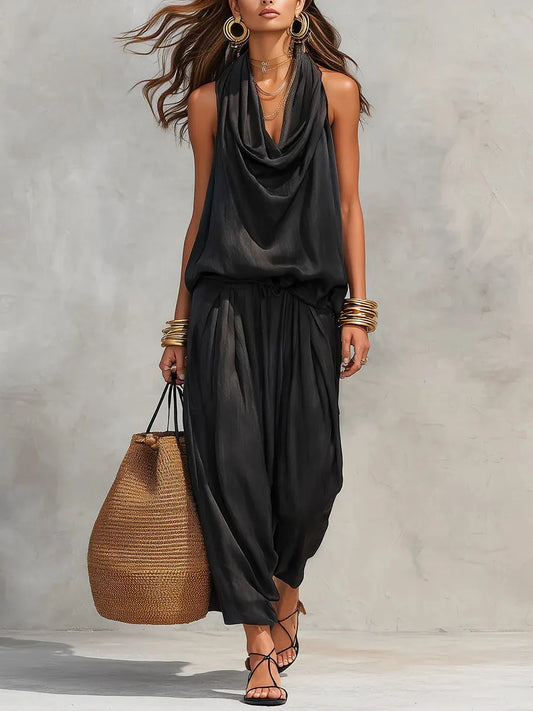 Effortless 2-Piece Set with Cowl Neck Sleeveless Top and Harem Pants