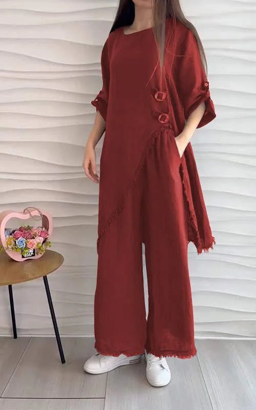 Stunning Cotton and Linen Round Neck Two-piece Suit