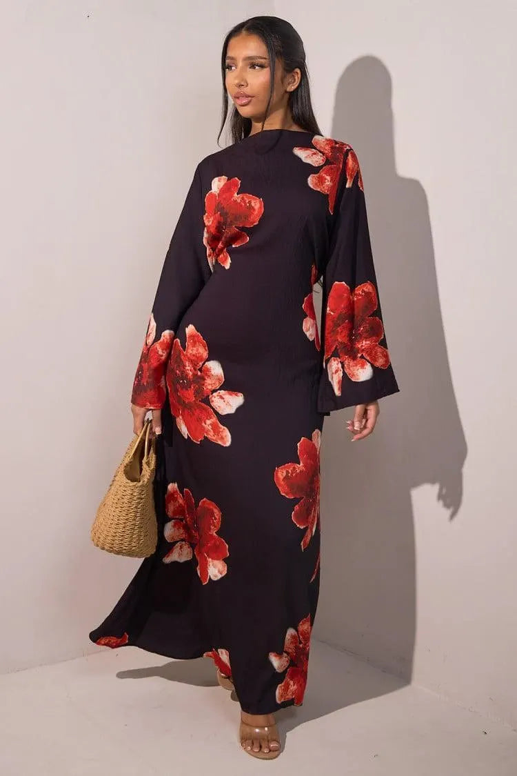 Floral Bell Sleeve Maxi Dress for Resort Wear, Beach Vacation & Casual Daily Outfits