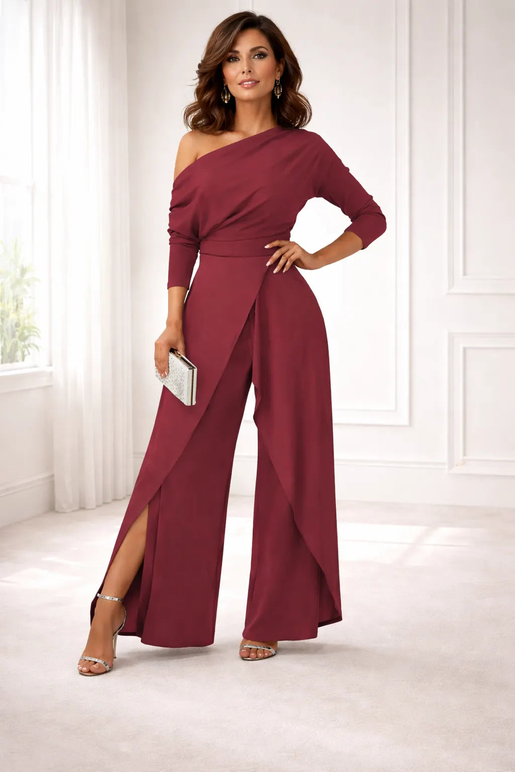 One Shoulder 3/4 Sleeve Wide Leg Split Jumpsuit