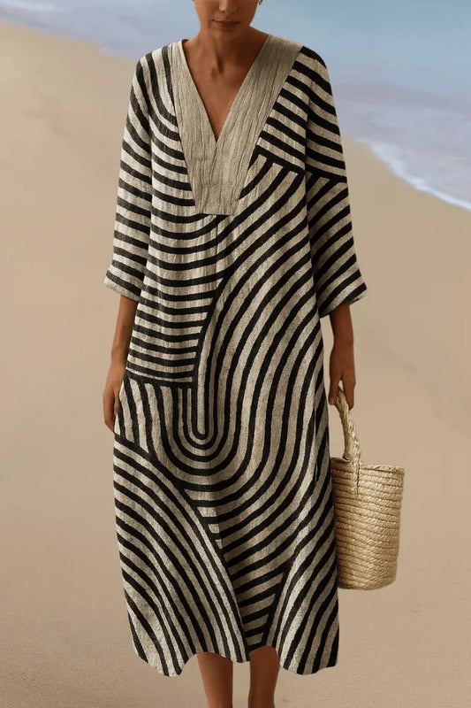 Abstract Stripe Linen Blend Midi Dress