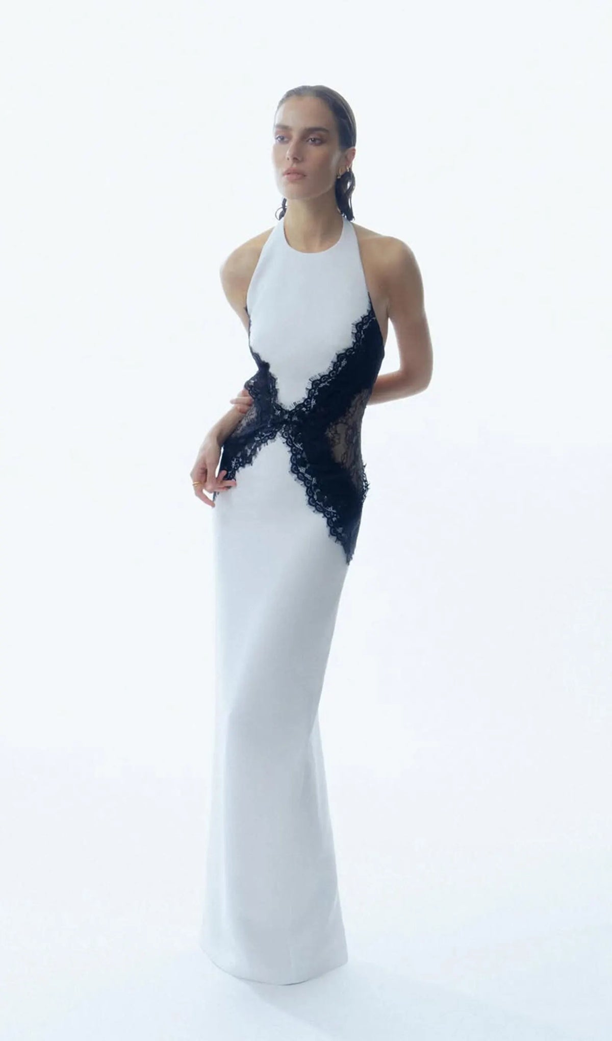 Open Back Maxi Dress In Crepe & Lace
