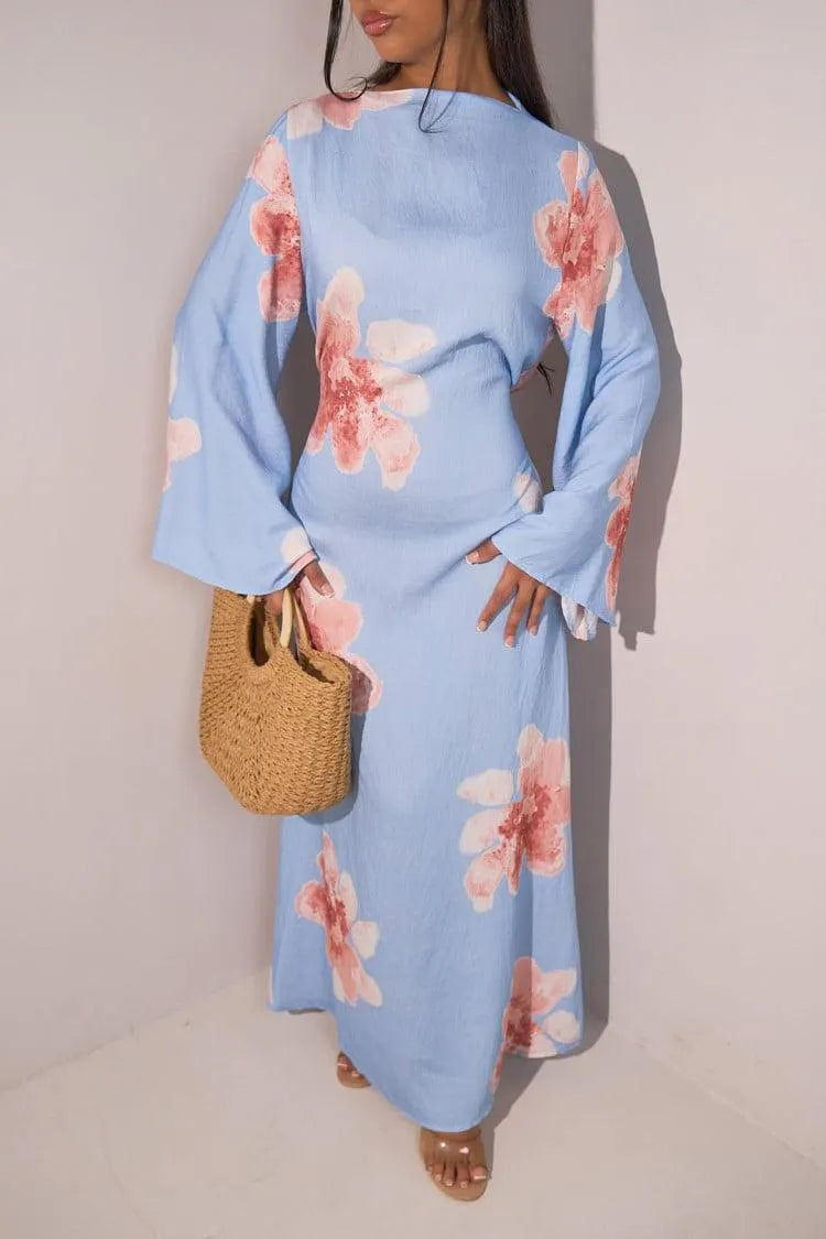 Floral Bell Sleeve Maxi Dress for Resort Wear, Beach Vacation & Casual Daily Outfits