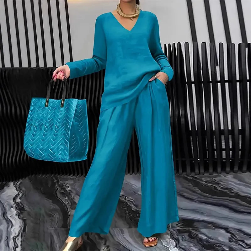 Chic Solid Color Two-Piece Outfit, V-Neck Blouse & High Waist Wide Pants