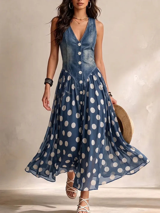 Denim Dress With Polka Dot Chiffon Skirt