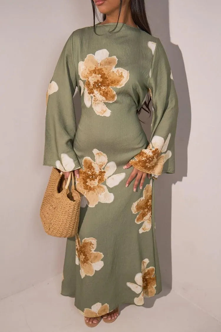Floral Bell Sleeve Maxi Dress for Resort Wear, Beach Vacation & Casual Daily Outfits