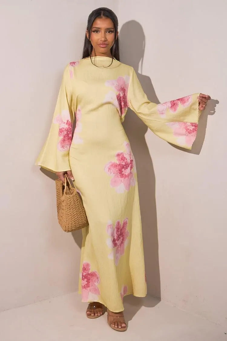 Floral Bell Sleeve Maxi Dress for Resort Wear, Beach Vacation & Casual Daily Outfits