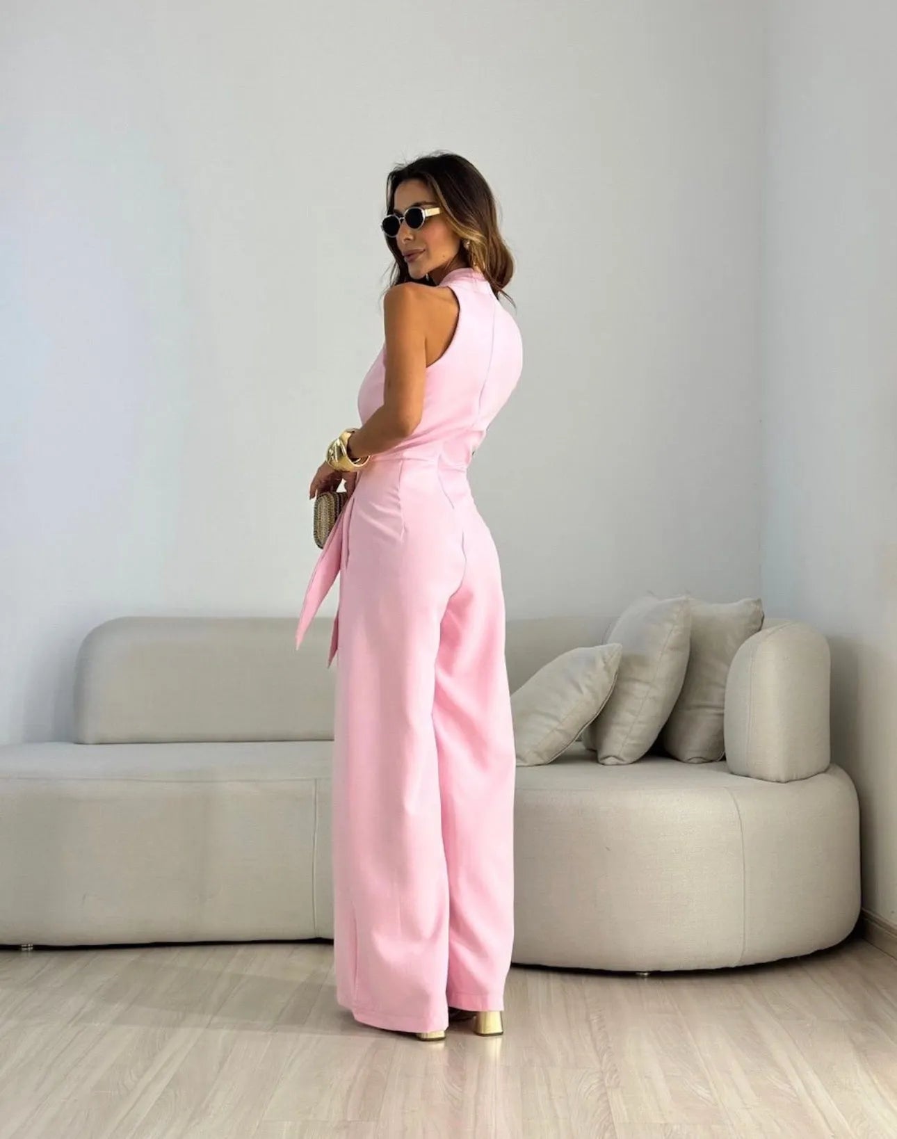 Halter Twist Knot Waist Jumpsuit, Sleeveless Wide‑Leg Jumpsuit