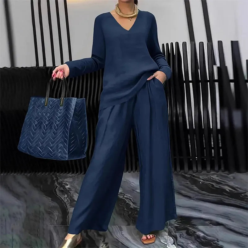 Chic Solid Color Two-Piece Outfit, V-Neck Blouse & High Waist Wide Pants