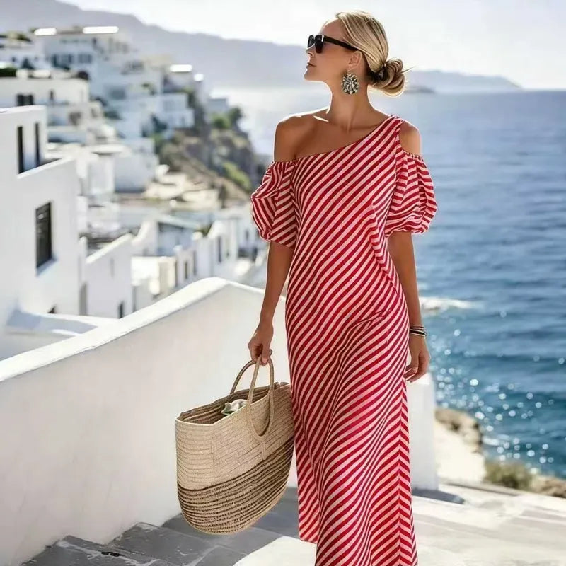 👗Limited-Time 49% OFF✨Women Striped Off Shoulder Dress – Elegant Flowy Summer Chic 🌊