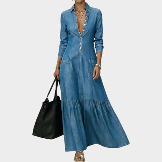 Classic Denim Maxi Shirt Dress with Ruffled Hem for Casual and Everyday Wear