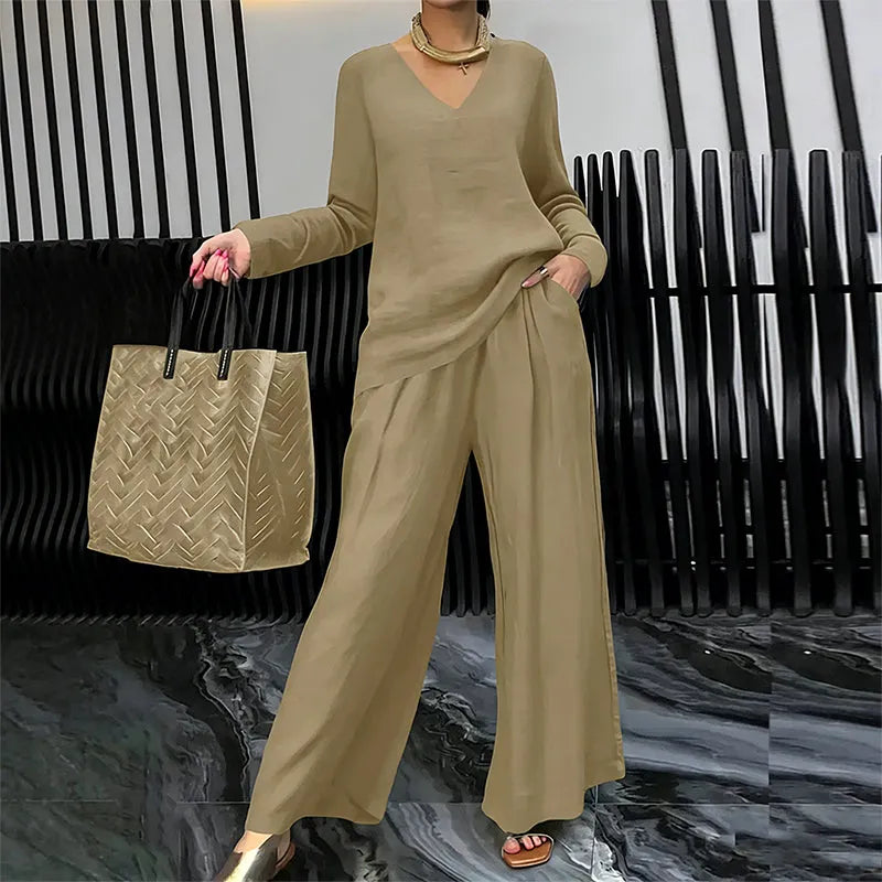 Chic Solid Color Two-Piece Outfit, V-Neck Blouse & High Waist Wide Pants