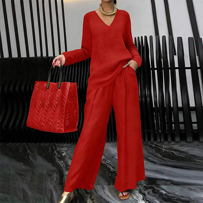 Chic Solid Color Two-Piece Outfit, V-Neck Blouse & High Waist Wide Pants