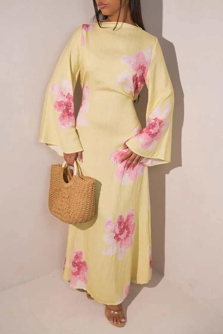 Floral Bell Sleeve Maxi Dress for Resort Wear, Beach Vacation & Casual Daily Outfits