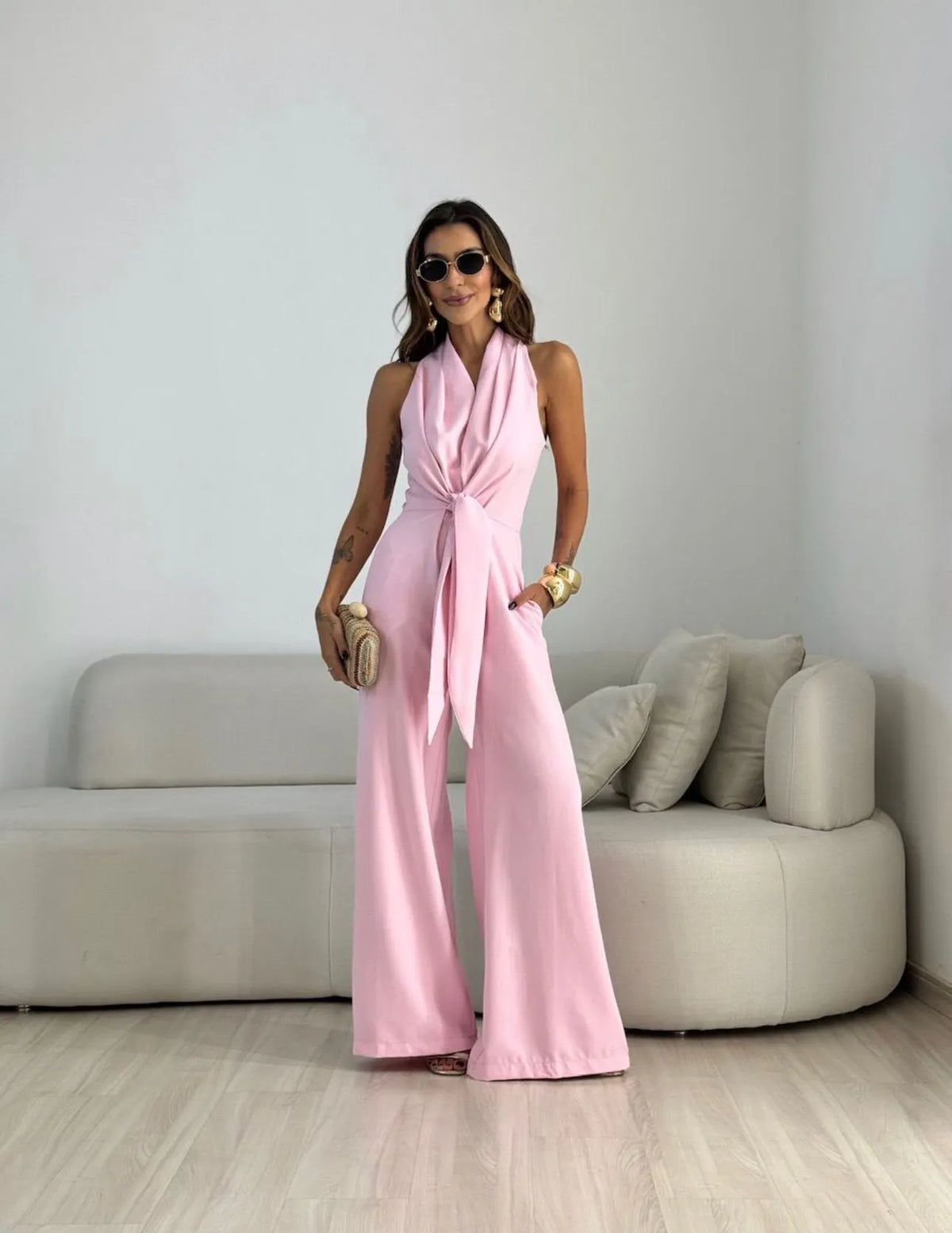 Halter Twist Knot Waist Jumpsuit, Sleeveless Wide‑Leg Jumpsuit