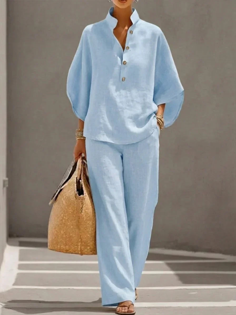 Casual Stand‐Collar Linen 2‐Piece Top & Wide Leg Pants Set