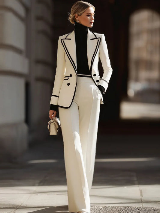 Contrast Trim Double‑Breasted Blazer Suit, Wide‑Leg Pants Two‑Piece Set