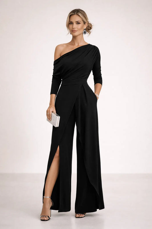 One Shoulder 3/4 Sleeve Wide Leg Split Jumpsuit