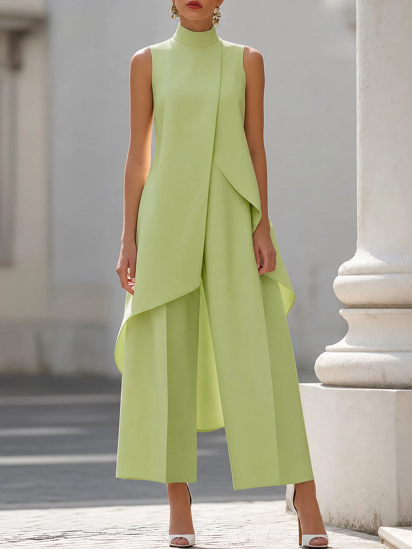 Asymmetric Layered Sleeveless Top & Wide-Leg Pants Set